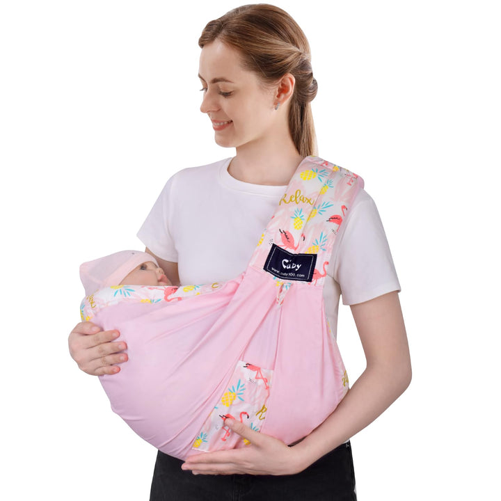 Baby Carrier by Cuby, Natural Cotton Baby Wraps Sling Baby Holder Extra Comfortable for Easy Wearing Carrying of Newborn, Soft and Adjustable Newborn and Toddler Sling Carries(Pink Flamingo)