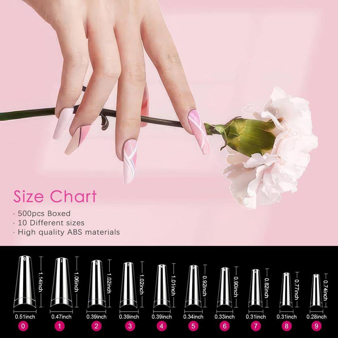 Coffin Nail Tips, 500Pcs Clear Nail Tips Ballerina False Nails Coffin Nail Tips for Acrylic Nails with Glue Files and Buffers Clipper Brush for Beginners