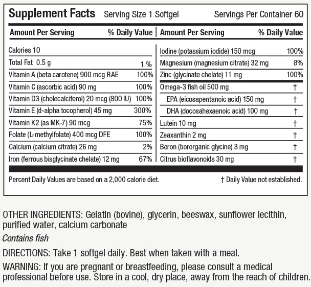 Essentials Multi | Multivitamin for Adults Softgel with Iron Nutritional Support with Lutein, Energy, K2 for Bone Health, Vitamin D3, Minerals, and Sustainable Omega-3 EPA + DHA (60 Count)