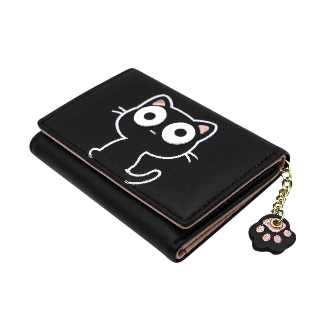 Cute Cat Girls Wallet for Teens Kids Women Slim Tri-Fold Wallet Purse Card Holder Organizer With Paw Pendant
