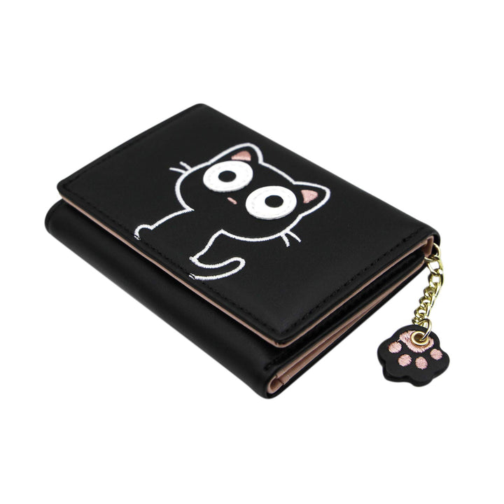 Cute Cat Girls Wallet for Teens Kids Women Slim Tri-Fold Wallet Purse Card Holder Organizer With Paw Pendant
