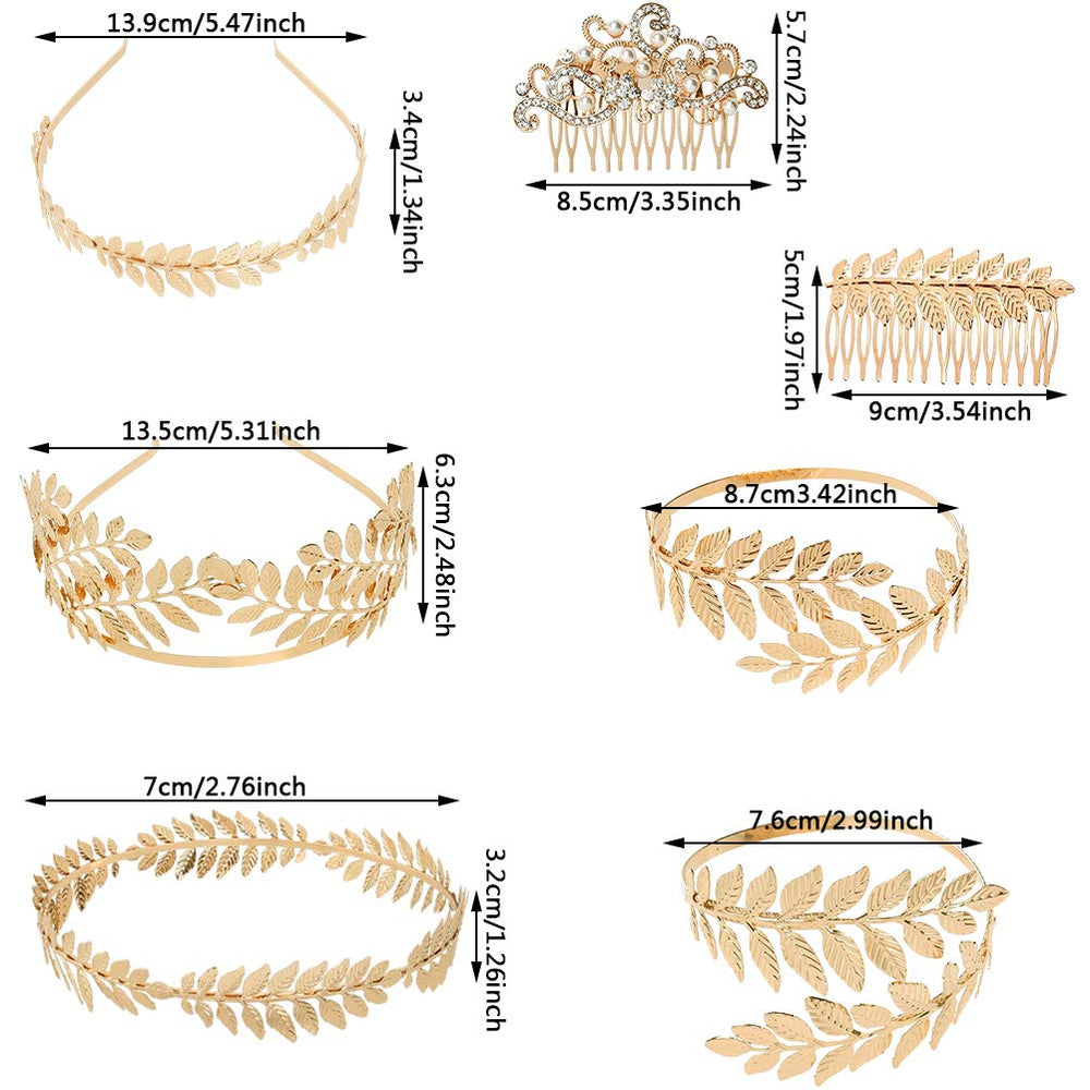 7 Pieces Greek Roman Laurel Leaf Bracelet Armband Golden Laurel Leaves Crown Tiara Costume Accessories Womens Leaf Headband Coil Bracelet Hair Comb Bridal Wedding