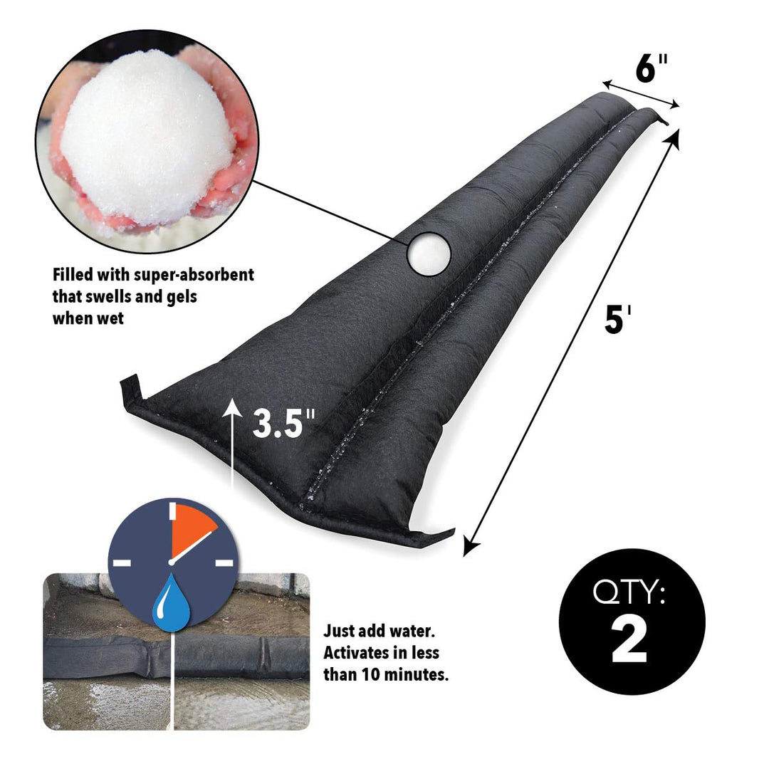 QD65-2 5&#39; Barrier Water Flood Dam Bags, 2 Pack, Black