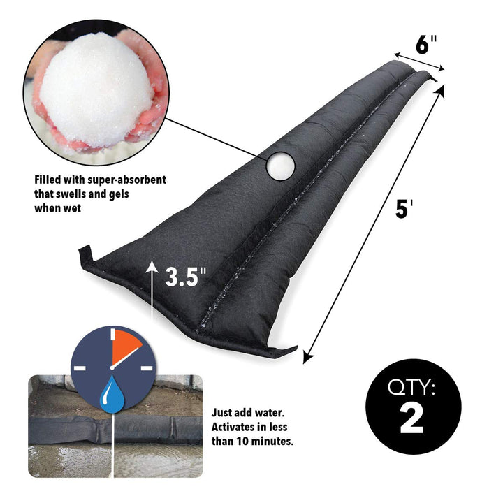 QD65-2 5&#39; Barrier Water Flood Dam Bags, 2 Pack, Black