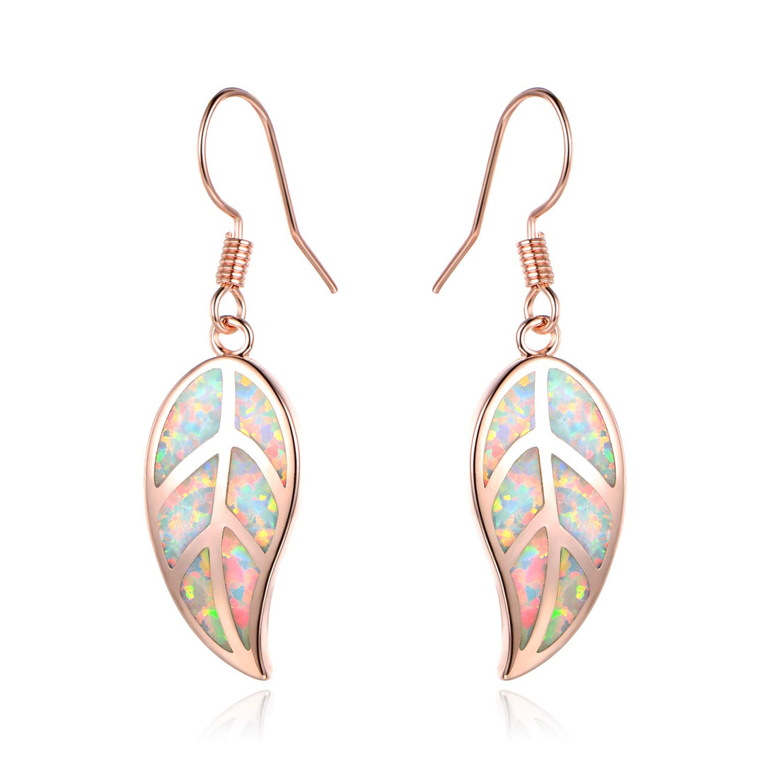 18K Rose Gold Plated Created White Opal Leaf Drop Earrings (Rose Gold)