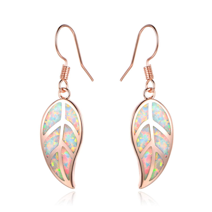 18K Rose Gold Plated Created White Opal Leaf Drop Earrings (Rose Gold)