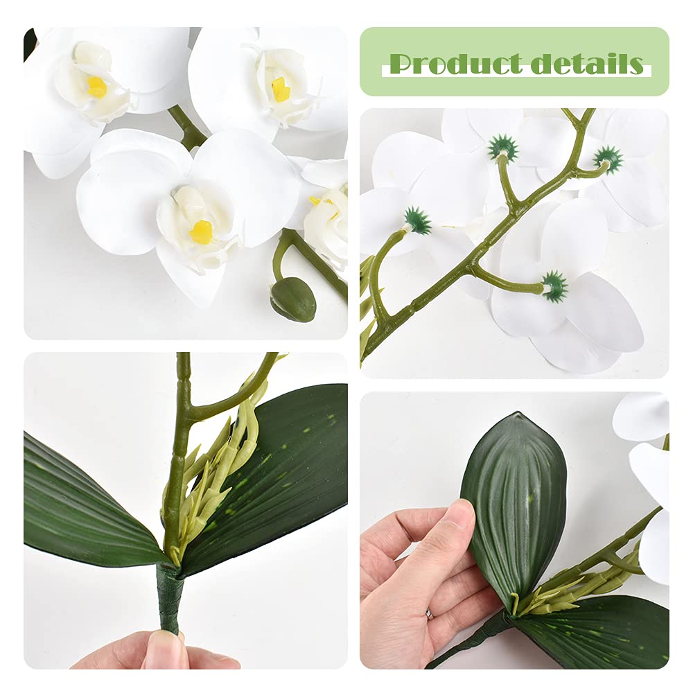 Artificial Phalaenopsis Flowers 4 Pcs, 15” Fake Silk Orchids with Stem Leaves for Valentine&#39;s Day Home Office Wedding Party Décor (White)