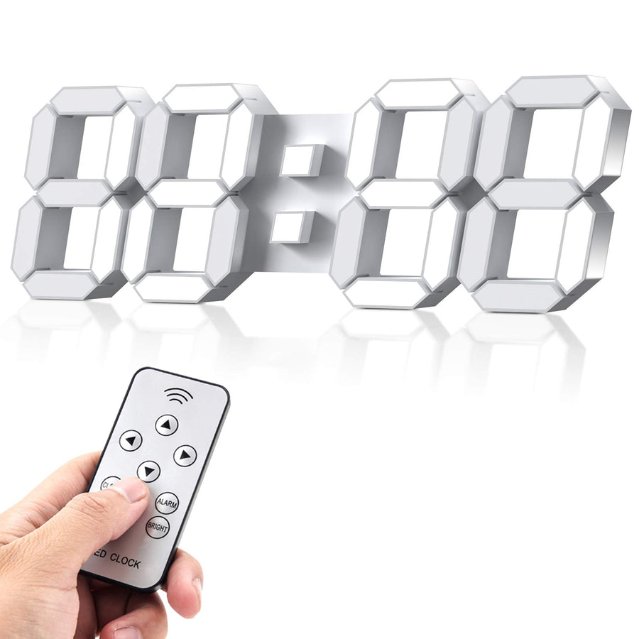 15'' 3D LED Wall Clock with Remote Control 12/24Hr Time/Date Temp Display Nightlight Alarm Digital Clock for Office/Home/Living Room/School (Cool White)