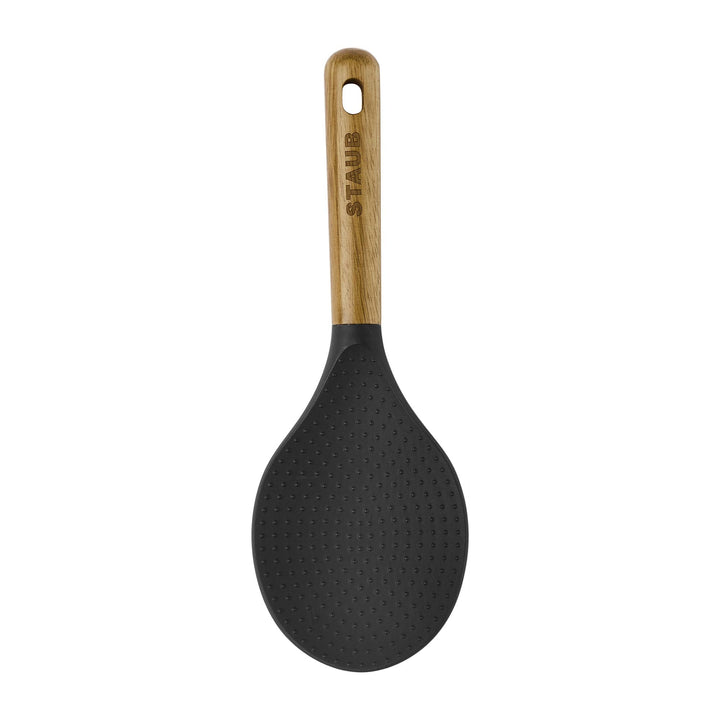 Rice Spoon, Perfect for Keeping Rice Fluffy While Scooping and Serving, Durable BPA-Free Matte Black Silicone, Acacia Wood Handles, Safe for Nonstick Cooking Surfaces, 8.75 x 3 x 0.75 inches
