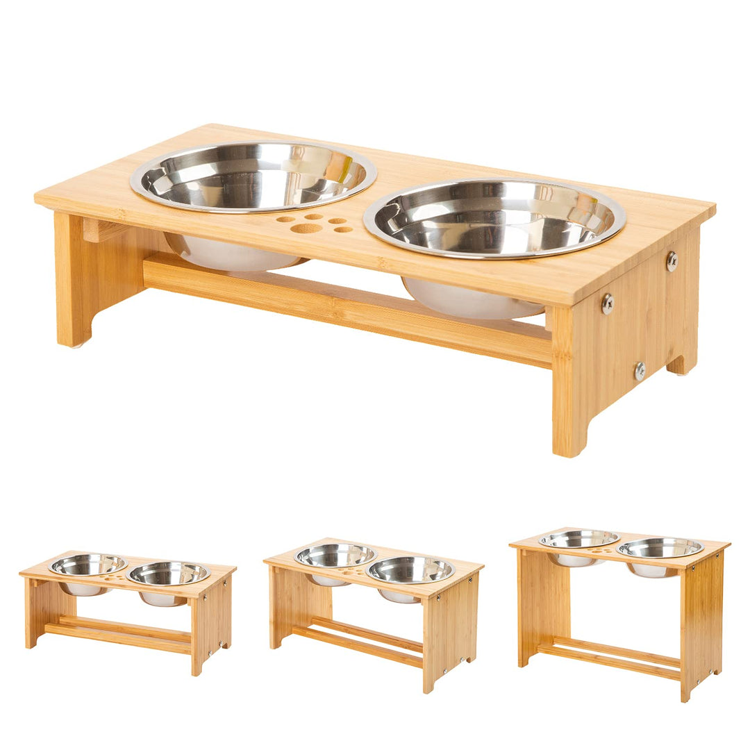 FOREYY Raised Pet Bowls for Cats and Small Dogs, Bamboo Elevated Dog Cat Food and Water Bowls Stand Feeder with 2 Stainless Steel Bowls and Anti Slip Feet (4&#39;&#39; Tall-20 oz Bowl)