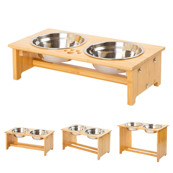 FOREYY Raised Pet Bowls for Cats and Small Dogs, Bamboo Elevated Dog Cat Food and Water Bowls Stand Feeder with 2 Stainless Steel Bowls and Anti Slip Feet (4&#39;&#39; Tall-20 oz Bowl)