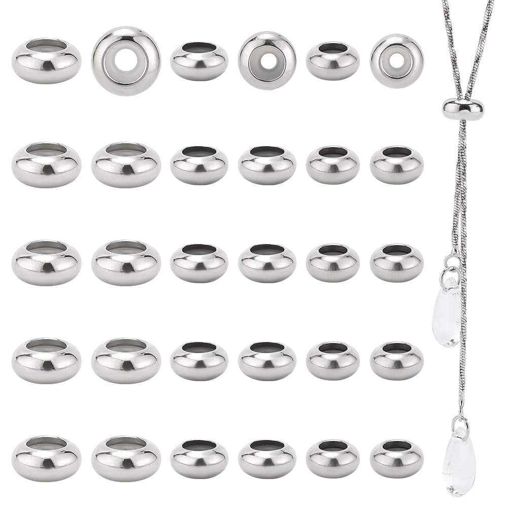 304 Stainless Steel Slider Beads 30pcs Stopper Beads 7mm 8mm 10mm Adjustable Beads Slider Metal Loose Beads with Rubber Inside for Bracelets Necklaces Chain Jewelry Making Hole: 1~3mm