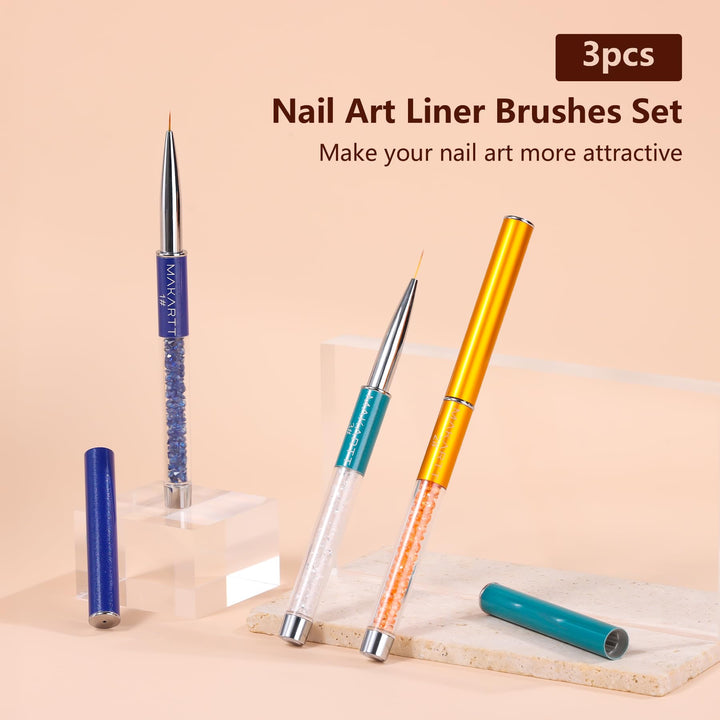 3Pcs Nail Art Liner Brush UV Gel Painting Nail Brush Pen Set Metal Diamond Acrylic Handle