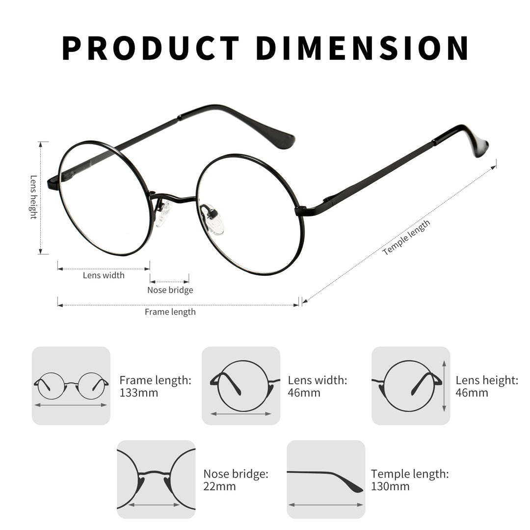 Non Prescription Clear Lens Glasses Retro Small Round Metal Frame (Black)