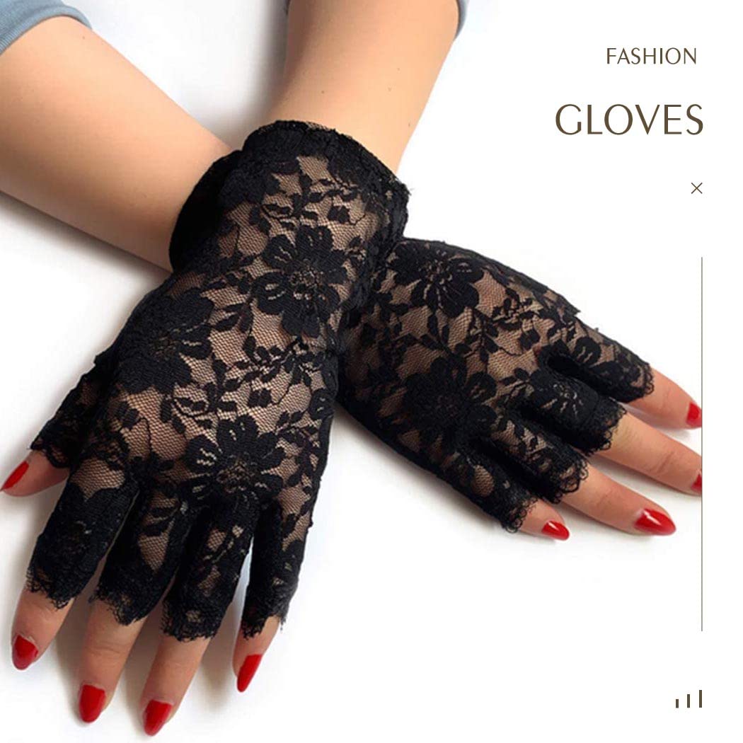 Yikisdy Wedding Lace Gloves Black Glove Short Fingerles