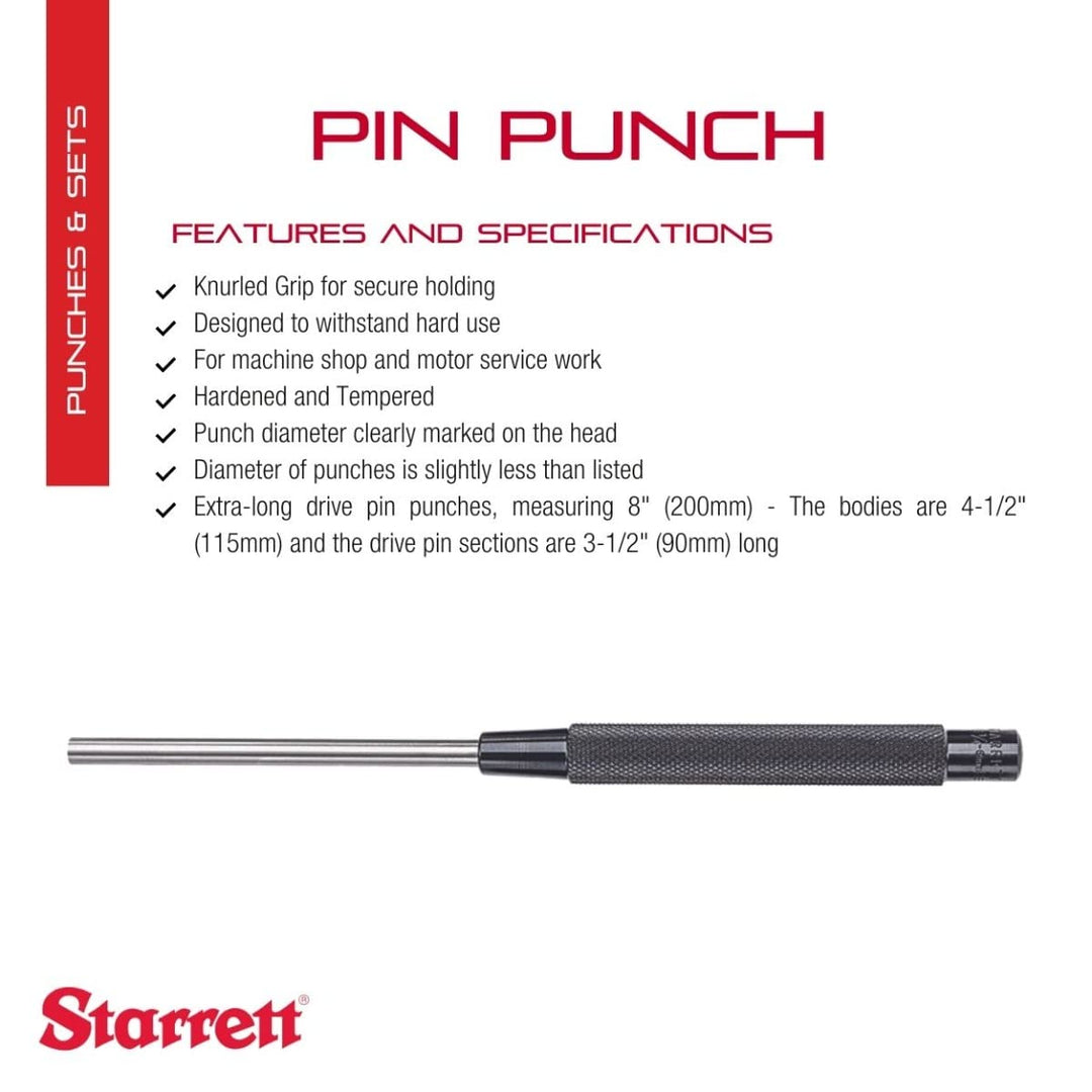 Extra-Long Drive Pin Punch with Knurled Grip for Driving Pins Into or Out of a Workpiece - Hardened and Tempered Steel, 8 Length, 1/4 Punch Diameter - 248C