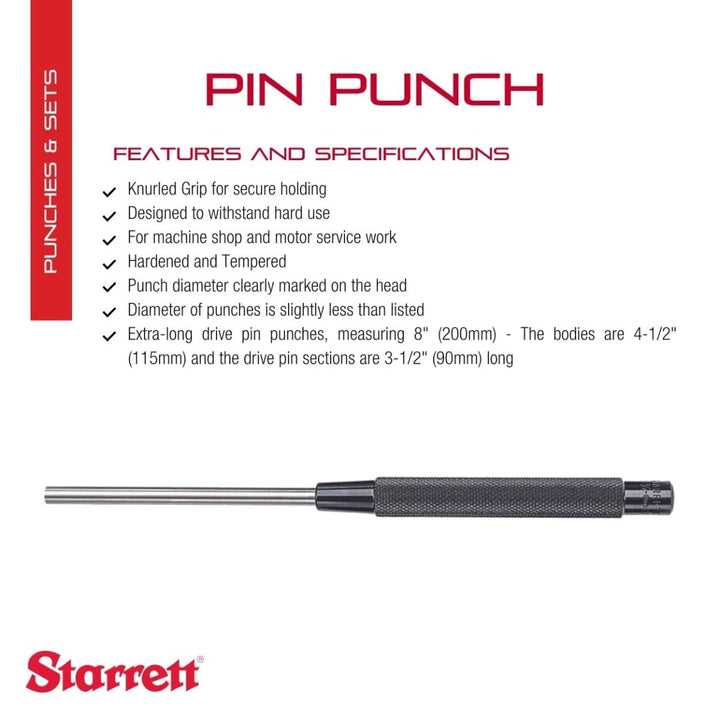 Extra-Long Drive Pin Punch with Knurled Grip for Driving Pins Into or Out of a Workpiece - Hardened and Tempered Steel, 8 Length, 1/4 Punch Diameter - 248C
