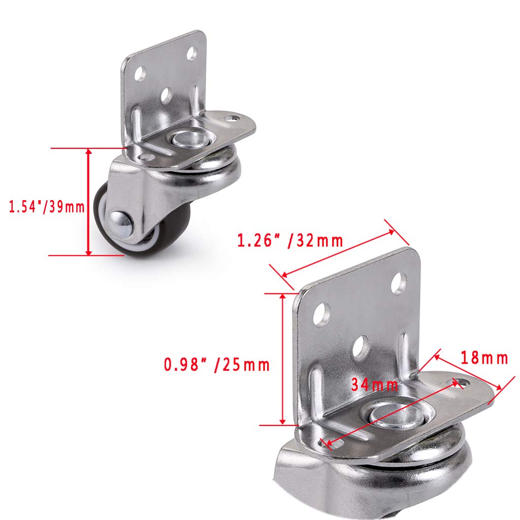 4 Pcs 1 Inch Side Mounting Casters, TPE Swivel Plated Caster Wheels, L- Shaped Mute Wheel, Replacement for Baby Bed, Carts Trolley, Kitchen Cabinet, Furniture, Table, Loading Capacity 100 Lbs