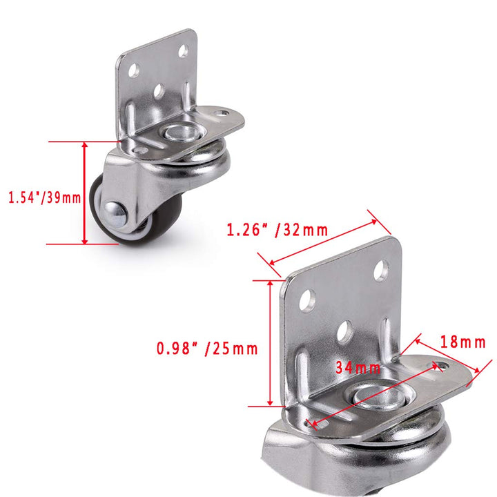 4 Pcs 1 Inch Side Mounting Casters, TPE Swivel Plated Caster Wheels, L- Shaped Mute Wheel, Replacement for Baby Bed, Carts Trolley, Kitchen Cabinet, Furniture, Table, Loading Capacity 100 Lbs