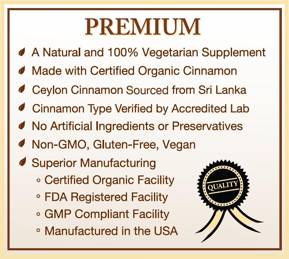 USDA Certified Organic Ceylon Cinnamon Capsules, Non-GMO Verified Supplement - 120 Capsules, 2 Month Supply