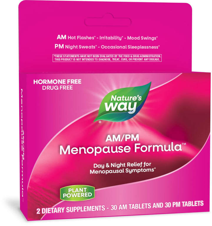 Nature&#39;s Way AM/ PM Menopause, Hot Flash Relief*, Night Sweats*, Restful Sleep*, Mood Swings*, Hormone-Free Formulas with Black Cohosh, L-Theanine, Valerian, 60 Tablets (Packaging May Vary)