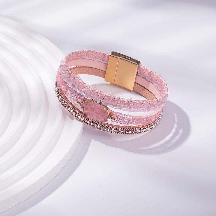 Boho Leather Wrap Bracelets Bohemian Crystal Bracelets Trendy Layered Bracelet with Magnetic Clasp Stackable Jewelry for Women (7.7, Pink)