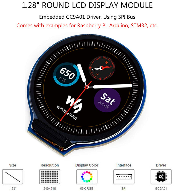 1.28inch Round LCD IPS Module 240x240 Resolution 65K RGB Colors SPI Interface for Arduino/Raspberry Pi/Jetson Nano/STM32