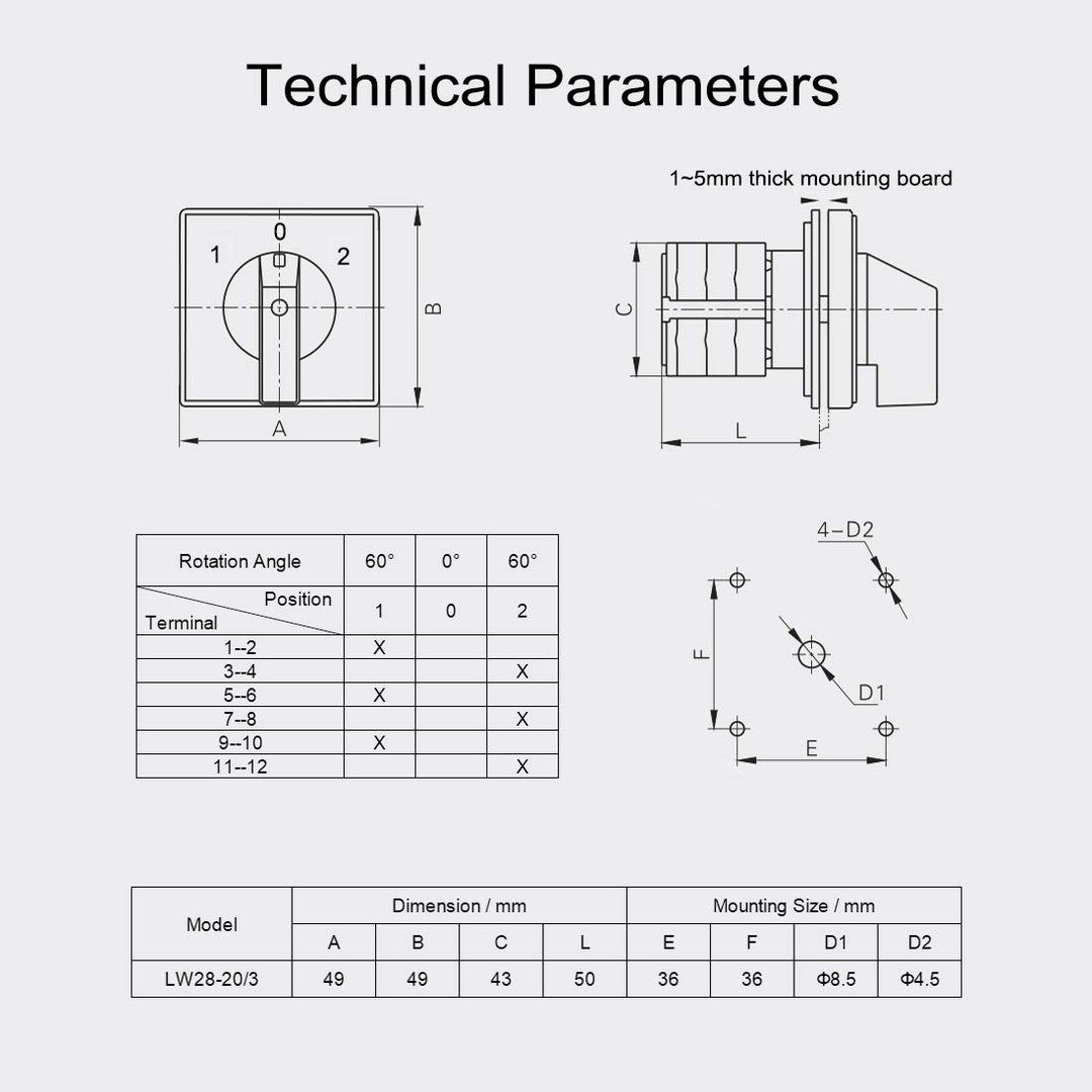 Changeover Switch LW28-20 3 Positions 12 Terminals Universal Rotary Cam Selector Latching Switches 550V 20A