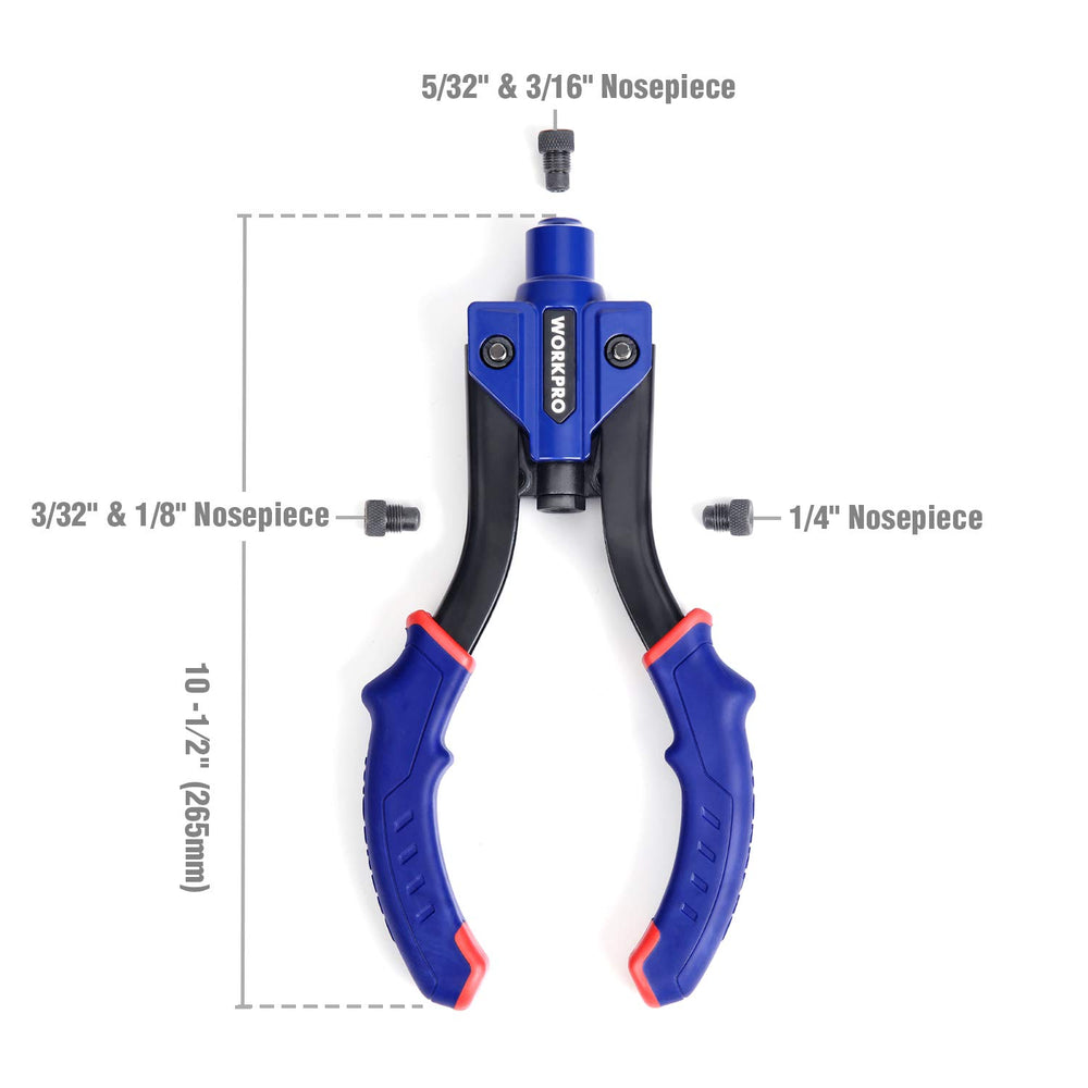 10-Inch Pop Rivet Gun, Heavy Duty Riveter with 3 Interchangeable Heads (3 Nosepieces) and 100pcs Rivets, 5-in-1 Hand Riveter Set for Metal, Plastic, Repairing Truck Bed, Fixing Highway Sign