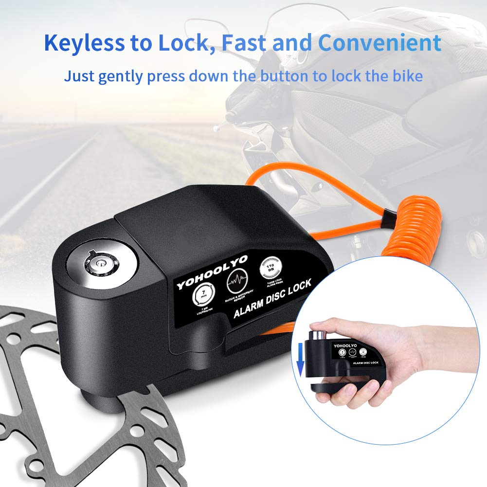 Alarm Disc Lock Motorcycle Disc Brake Lock Anti-Theft Waterproof 110 dB 7mm Pin 5ft Reminder Cable for Motorcycles Bike Scooter Carry Pouch (Black)