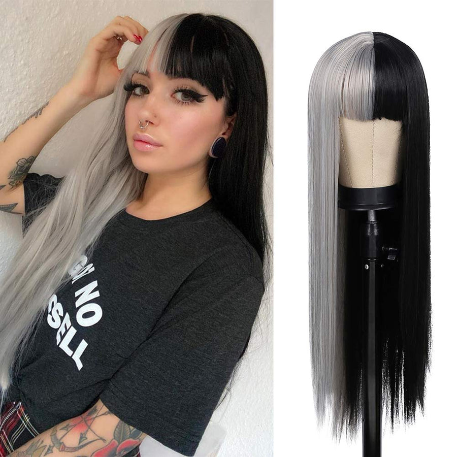 Half Grey Half Black Wig for Women Long Straight Hair with Bangs Soft Natural Wigs for Cosplay Party Halloween