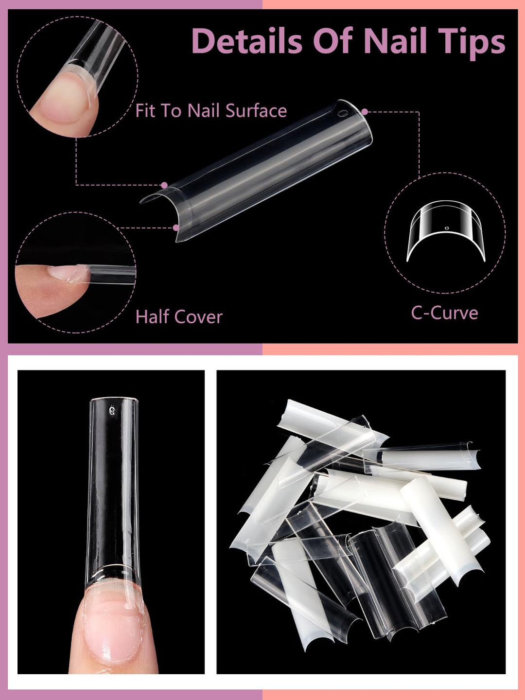 400PCS Extra Long C Curve Nail Tips and Glue, 2 Packs Natural and Clear Acrylic Nail Tips Manicure, 10 Sizes Artificial XXL Long Straight Square French Press on False Nail Tips with 10PCS Nail Glue