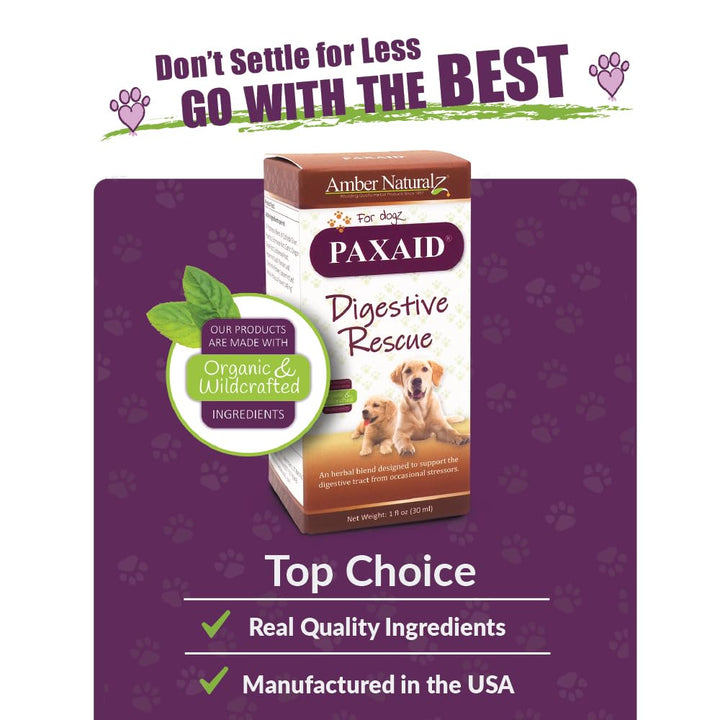 Amber NaturalZ Paxaid Digestive Rescue Herbal Supplement for Dogs and Puppies | Canine Herbal Supplement for Occasional Digestive Upset Support | 1 Fluid Ounce Glass Bottle | Manufactured in The USA