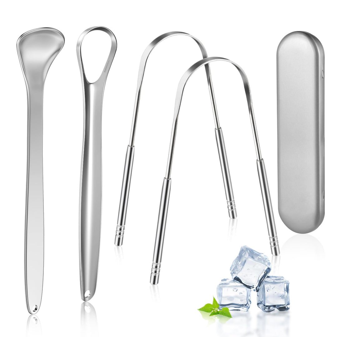 Tongue Scraper Cleaner (4 Pack), Tongue Scrapers for Adults Stainless Steel Tongue Cleaners Reduce Bad Breath Tongue Brush Dental Kit with Case