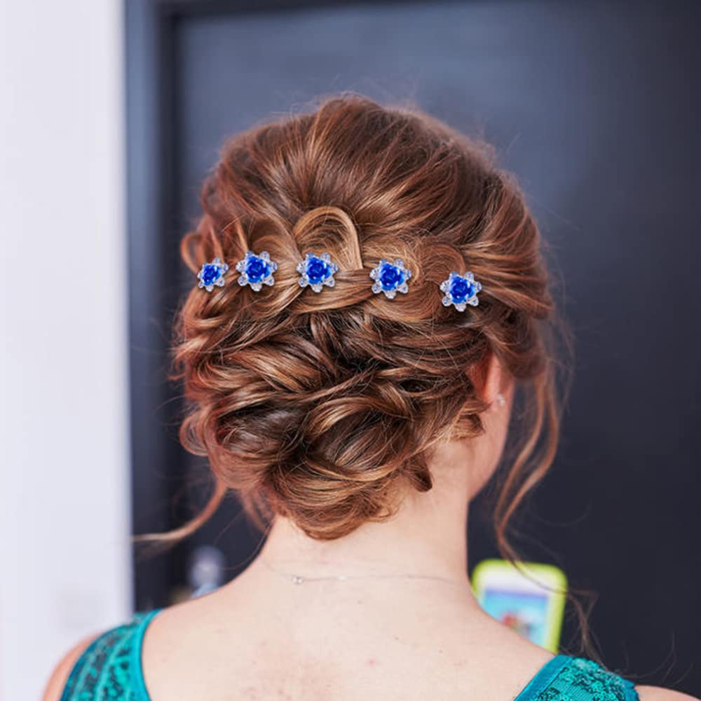 Royal Blue Set: Insowni 40Pcs Bridal Wedding Rhinestone Rose Flower U-Shaped Hair Pins &amp; 6Pcs Twist Pearl Hairpins Headpiece Set In Gift Box For Women Girls Bridesmaid (Royal Blue