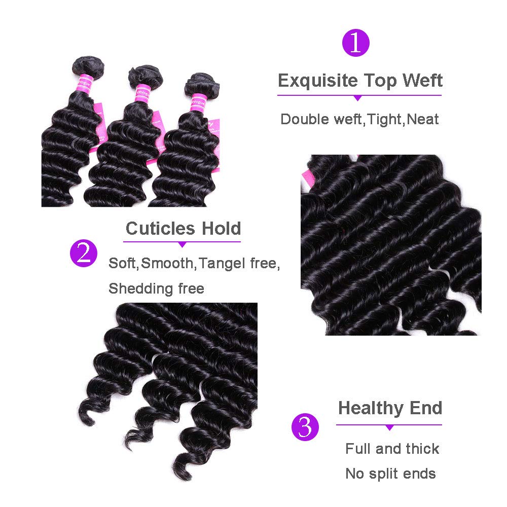 VRVOGUE (12 12 12) Hair Bundles Deep Wave Brazilian Weave Hair Unprocessed Virgin Brazilian Human Hair Weave Bundles Extensions Natural Color Total (10.6 OZ)