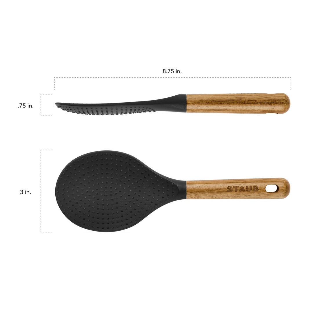 Rice Spoon, Perfect for Keeping Rice Fluffy While Scooping and Serving, Durable BPA-Free Matte Black Silicone, Acacia Wood Handles, Safe for Nonstick Cooking Surfaces, 8.75 x 3 x 0.75 inches