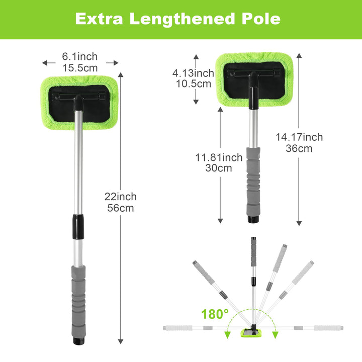 XINDELL Car Window Cleaner - Windshield Glass Cleaning Tool with Extendable Handle, Reusable Microfiber Pads Cloth for Car Interior &amp; Exterior, Streak-Free Auto Glass Cleaner (Green)