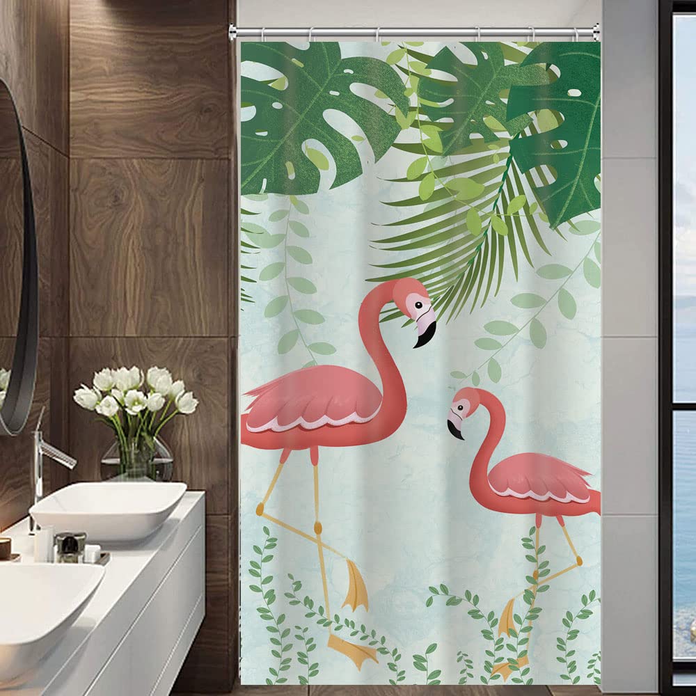 Small Stall Pink Flamingo Green Monstera Shower Curtain 36Wx72H Inch Tropical Birds Green Palm Banana Leaf Print Shower Curtains Set Waterproof Polyester Fabric