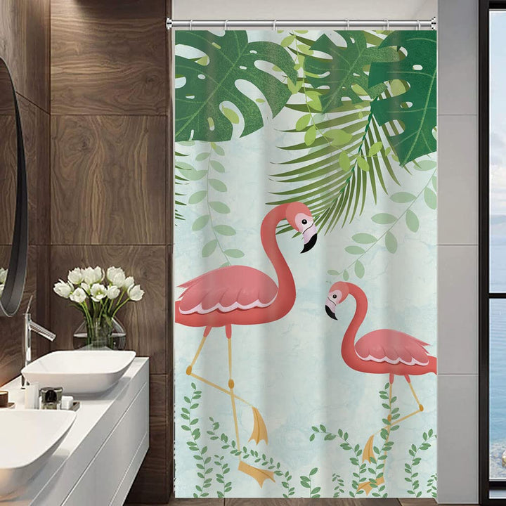 Small Stall Pink Flamingo Green Monstera Shower Curtain 36Wx72H Inch Tropical Birds Green Palm Banana Leaf Print Shower Curtains Set Waterproof Polyester Fabric