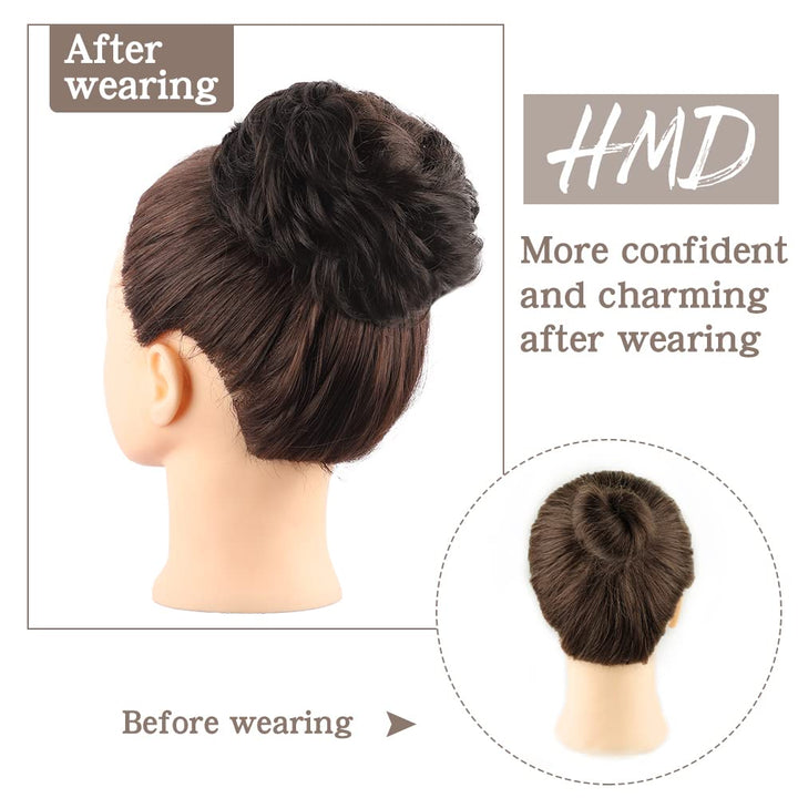 2PCS Messy Bun Hair Piece 100% Human Hair Scrunchies Buns Hair Pieces for Women Curly Wavy Black Bun Elegant Chignons Wedding (2PCS Human Hair, Brown Black)
