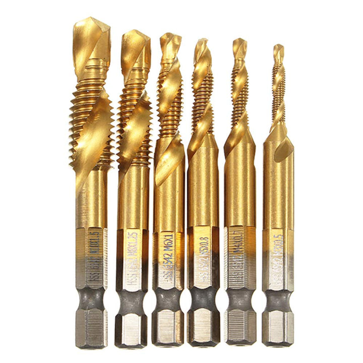6Pcs Titanium Combination Drill and Tap Bit Set, Metric Drill Tap Bits Screw Tapping Bit Tool 1/4 Hex Shank 3 Functions in 1