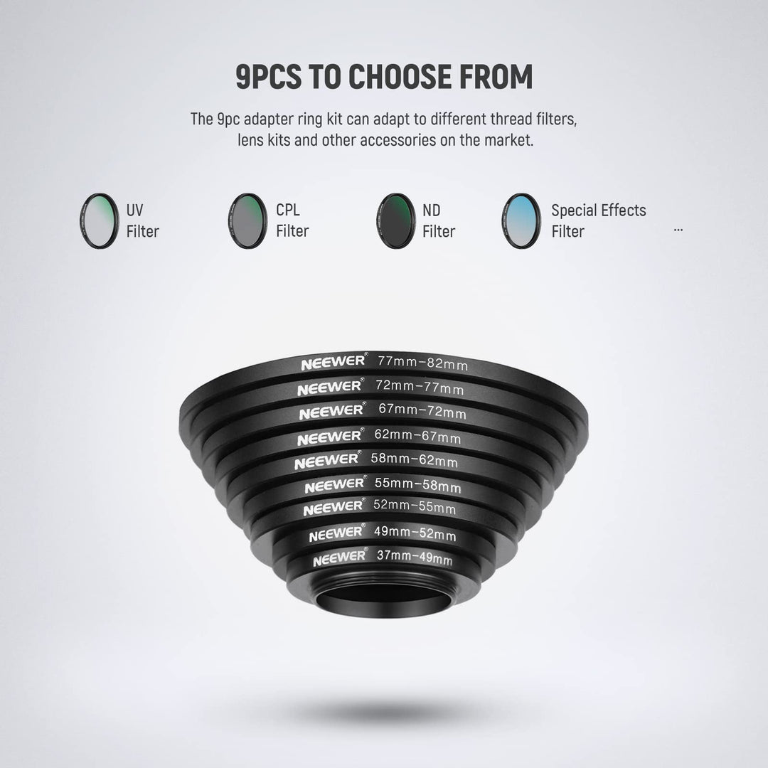 Neewer 9 Pieces Lens Filter Rings Set, Made of Anodized