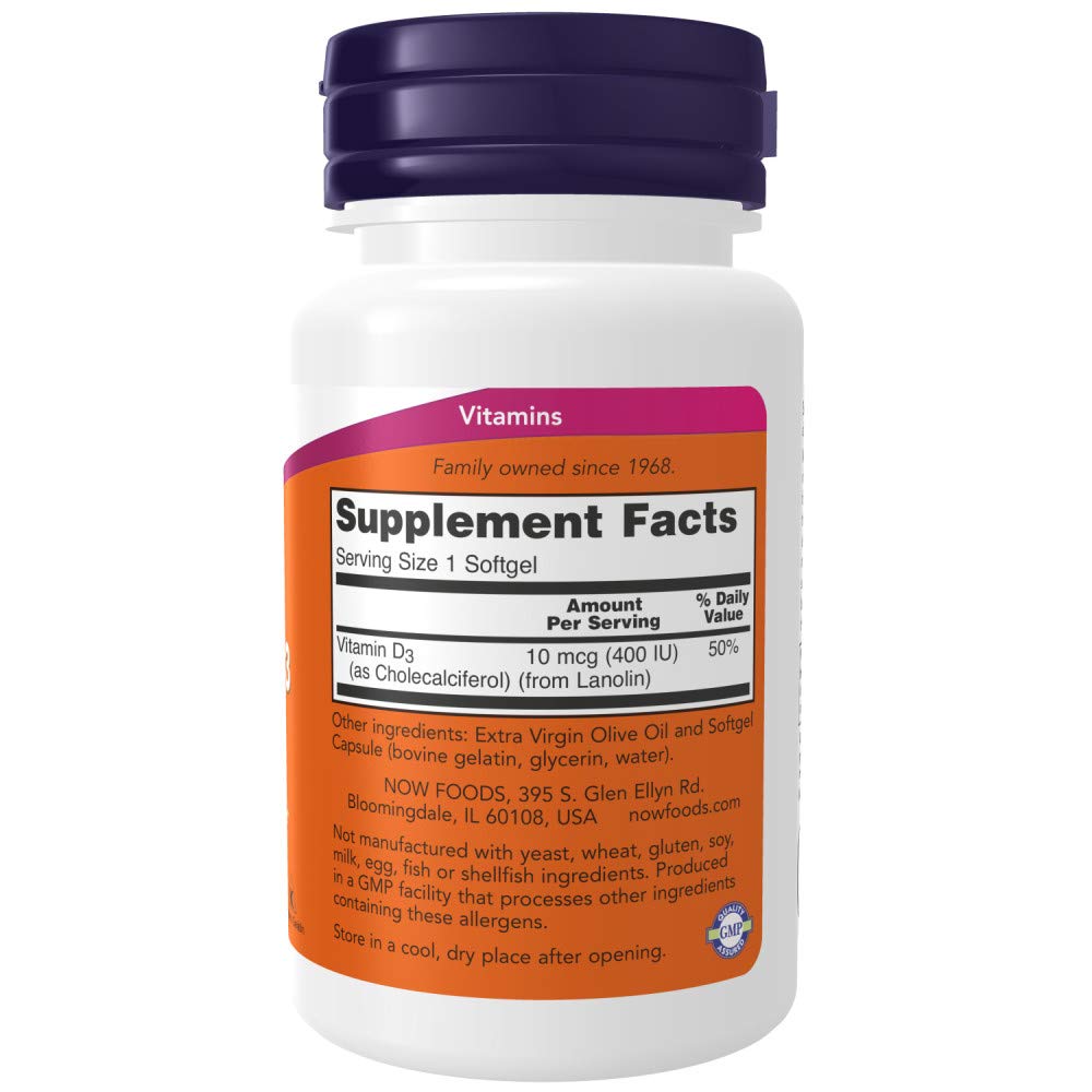 NOW Foods Vitamin D-3 400 IU Softgels, 2 pk, 180 Count 