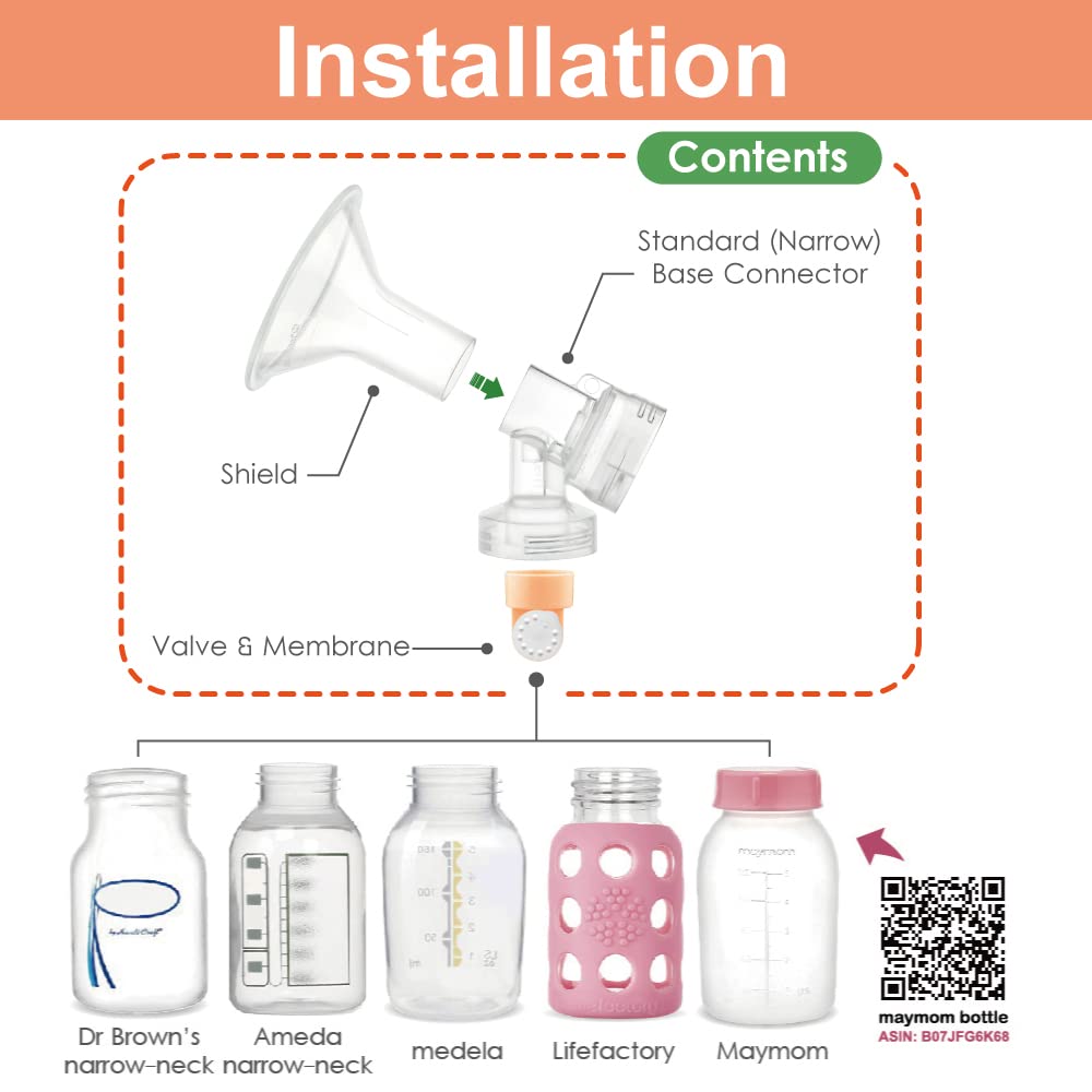 Maymom 17 mm 2X Two-Piece Breastshield, 2X Base Connector w/Valve and Membrane Compatible with Medela Breast Pumps; Small Shield (17mm)