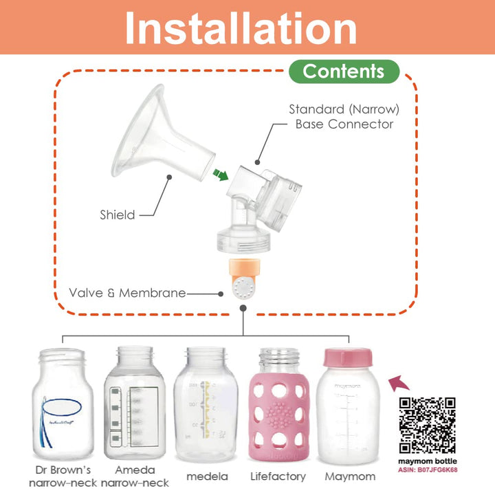 Maymom 17 mm 2X Two-Piece Breastshield, 2X Base Connector w/Valve and Membrane Compatible with Medela Breast Pumps; Small Shield (17mm)