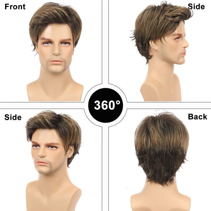 Mens Wigs Short Straight Brown mix Natural Synthetic Cosplay Hair Wigs for Male Guy