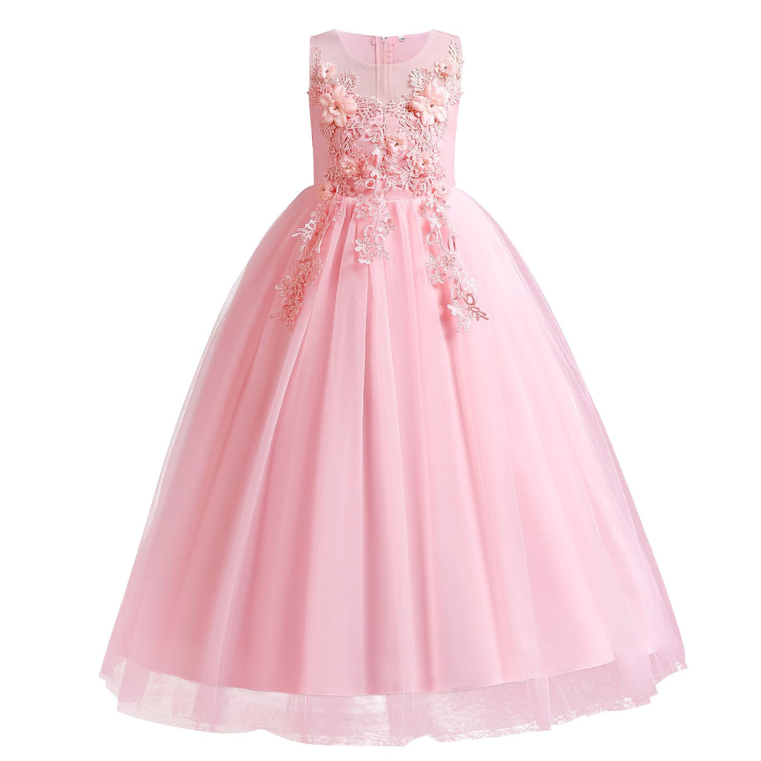 Toddler Baby Girls Flower Lace Long Princess Christmas Formal Dress for Kids Wedding Bridesmaid Pageant Birthday Party Suit Communion Puffy Tulle Dance Sundress Playwear Peach Pink 5-6X
