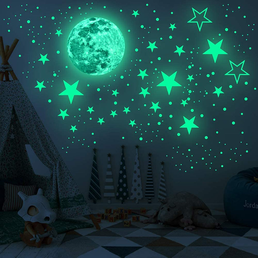 Glow in The Dark Stars for Ceiling, 3D Glow Stars for Ceiling Wall Decals, 1093pcs Bright Wall Stickers Include Stars and Moon, Perfect for Kids Bedroom Living Room and Gift (Wall Stickers-Green)