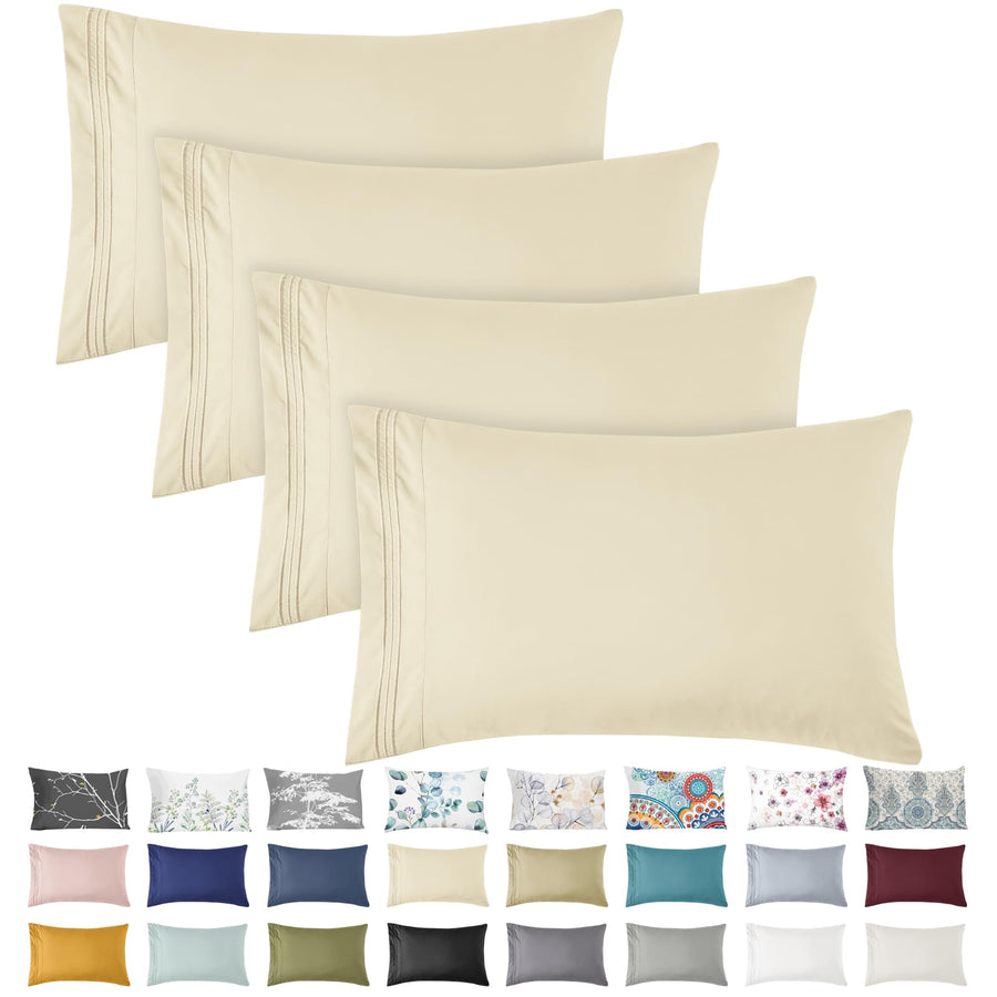 Pillow Cases Queen Size Set of 4, Ultra Soft 1800TC Hotel Quality Double Brushed Microfiber Embroidered Pillowcases, Envelope Closure, Fade Resistant (20x30, Cream)